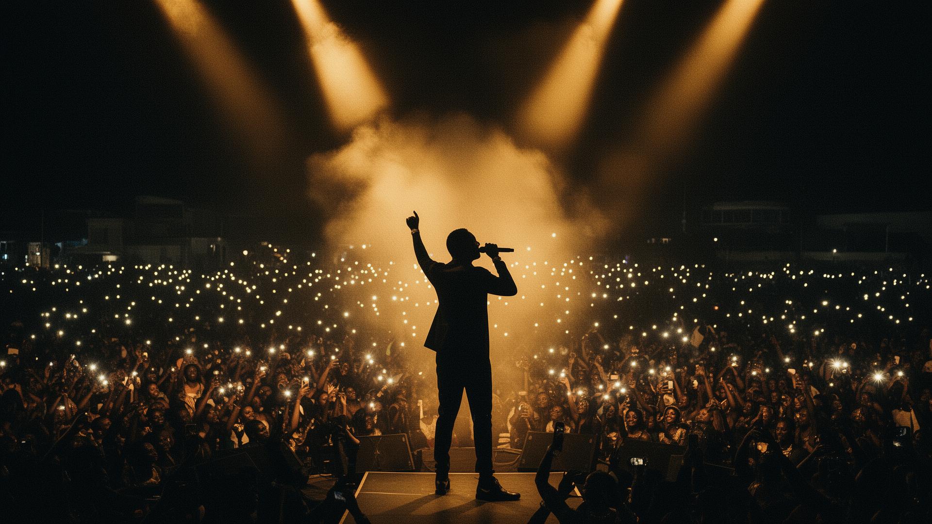 Afrobeat superstar performing on a stadium stage in Lagos